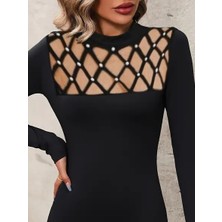 Nidam Butik Kadın Uzun Kollu Bisiklet Yaka Lazer Kesim Inci Detay Viskon Iki Iplik Mini Boy Elbise