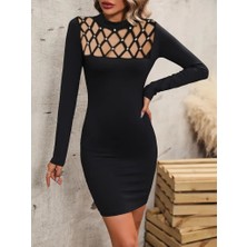 Nidam Butik Kadın Uzun Kollu Bisiklet Yaka Lazer Kesim Inci Detay Viskon Iki Iplik Mini Boy Elbise