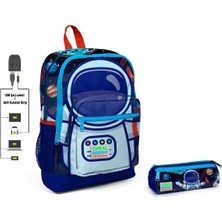 Mavi Astronot Baskılı Ilkokul Sırt Çantası Ve Kalemlik Seti - Erkek Çocuk - Usb Soketli