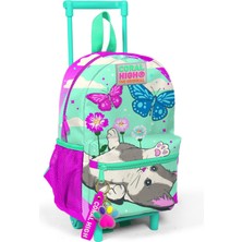 Minik Yuva Çekçekli Sırt Çantası Su Yeşili Pembe Kedi Desenli Iki Bölmeli 24008