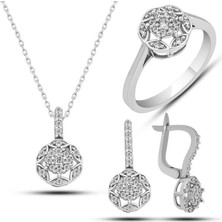 Gümüş Beyaz Zirkon Taşlı Çiçek Kadın Set