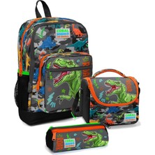 Ilkokul Çantası Seti Gri Yeşil Dinazor - Erkek Çocuk