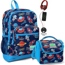 Teknotrust Okul Çantası Ve Beslenme Çantası Seti - Erkek Çocuk Mavi Lacivert Uzay - Usb Soketli