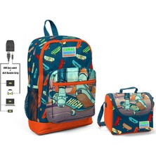 Kaykay Baskılı Okul Çantası Ve Beslenme Çantası Seti - Erkek Çocuk - Usb Soketli