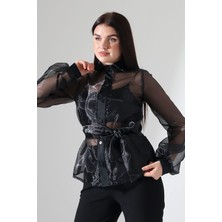 Mois Atelier Siyah Organze Saten Yaka Çıt Çıt Düğme Kuşaklı Şifon Tül Gömlek Ceket Abiye Tasarım Büyük Beden