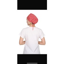 GTB Butik Kırmızı Mini Çiçek Desenli Doktor Hemşire Aşçı Bonesi