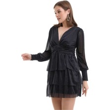 Mois Atelier Gri Simli Siyah Büzgülü Fırfırlı Mini Abiye Nikah Elbise Tasarım Hediye Büyük Beden