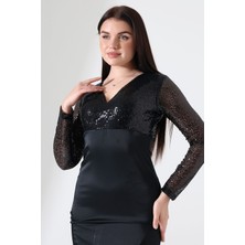 Mois Atelier Siyah Saten Pul Payet Kruvaze Yaka Anvelop Mini Etek Abiye Elbise Tasarım Hediye Büyük Beden