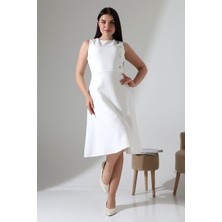 Mois Atelier Beyaz Kolsuz Çan Etekli Düğme Detaylı Bisiklet Yaka Midi Elbise Tasarım Büyük Beden