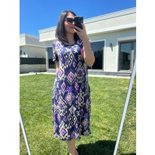 Büyük Beden Diz Altı Etnik Desen Örme Elbise -BGE80