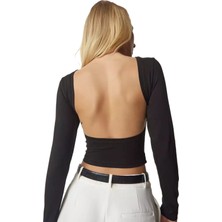 Sırt Dekolteli Siyah Crop Bluz