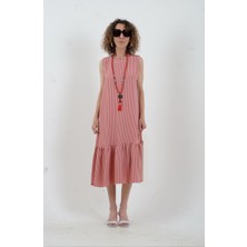 Kırmızı Pötikare Kolsuz Volanlı Elbise