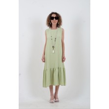 Sarı Pötikare Kolsuz Volanlı Elbise