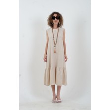 Bej Pötikare Kolsuz Volanlı Elbise