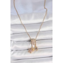Yeni Xd Çelik Gold Renk Sallantı Zirkon Taşlı Mor Taşlı Ayıcık Figür Charm Kadın Kolye Kampanyalı