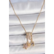 Yeni Xd Çelik Gold Renk Sallantı Zirkon Taşlı Mor Taşlı Ayıcık Figür Charm Kadın Kolye Kampanyalı
