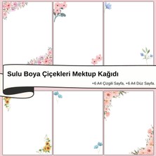 Sulu Boya Çiçekleri Mektup Not Kağıdı, +6 Düz Kağıt +6 Çizgili Kağıt (A4 Boyut)