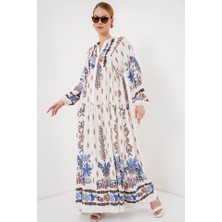 Tua Moda 2423 Otantik Desenli Tesettür Elbise - Z. Mavi