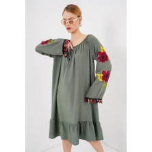 Modamuvo Nakışlı Midi Elbise 2531 - Haki
