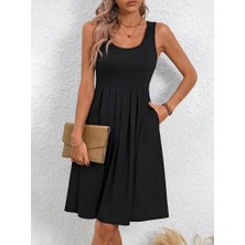 Aisha Elbise Kadın Askılı Yuvarlak Yaka Önden Pileli Viskon Elbise