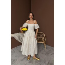 Mira Cotton Bej Omuzu Bağcıklı Balon Kollu Brode Elbise