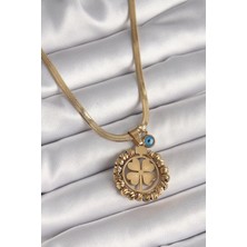 316L Çelik Gold Renk Italyan Zincir Dorika Yonca Model Nazar Boncuk Detay Kadın Kolye - TJ-BKO9875