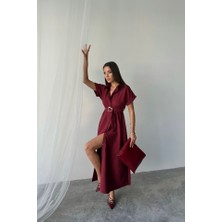 Aisha Elbise Önden Düğmeli Crushlı Modal Elbise - Bordo