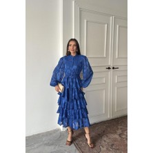 Mira Cotton Saks Valonlu Şeritli Kat Kat Elbise