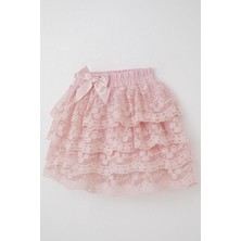 Breeze Kız Çocuk Etek Güpürlü Fiyonk Aksesuarlı Nakışlı 5-10 Yaş, Pembe