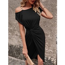 Aisha Elbise Kadın Kısa Kollu Omuzlardan Askılı Önde Sarmal Detaylı Asimetrik Kesim Midi Viskon Elbise