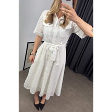 Sue Store Beyaz Kısa Kollu Astarlı Kuşaklı Cepli Fisto Gömlek Elbise