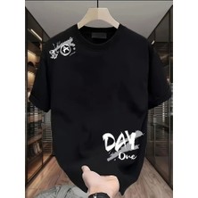 Sosostyle Baskılı Oversize Bisiklet Yaka T-Shirt - Siyah