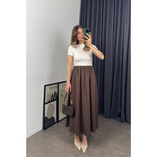 Beyaz Kahve Çan Etekli Kısa Kollu Elbise