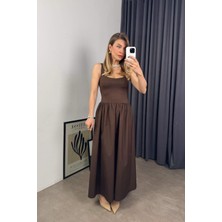 Kahverengi Kalın Askılı Kiloş Etekli Elbise