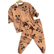 Erkek Çocuk Ayıcık Baskı Bilekleri ve Beli Lastikli Likralı Kazak Kahverengi Pijama Takım