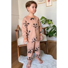 Erkek Çocuk Ayıcık Baskı Bilekleri ve Beli Lastikli Likralı Kazak Kahverengi Pijama Takım