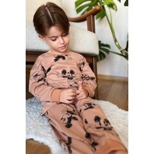 Erkek Çocuk Ayıcık Baskı Bilekleri ve Beli Lastikli Likralı Kazak Kahverengi Pijama Takım