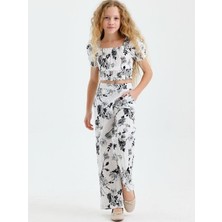 Kız Çocuk Çiçek Desenli Dokuma Pantolon