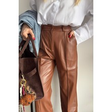 Taba Yüksek Bel Dikiş Detaylı Deri Pantolon