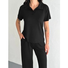 Aisha Elbise Osy Modal Yumuşak Dokulu Kumaş Kısa Kollu Yakalı T-Shirt Pantalon Ikili Takım- Siyah