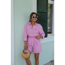 Pembe Bel Bağlama Detay Keten Şort