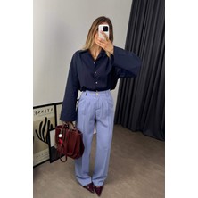 Bebe Mavisi Yüksek Bel Beli Lastikli Pileli Pantolon