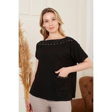 Rmg Yaka ve Cep Zımba Detaylı Büyük Beden Siyah Tişört