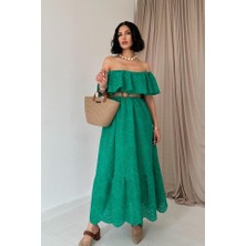 Mira Cotton Yeşil Omzu Lastikli Brode Elbise