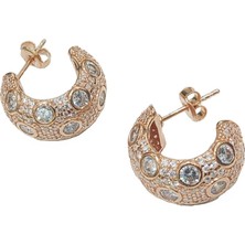 Zarif Beyaz Taşlı Kalın Gümüş Halka Küpe - Rose Renk