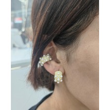 Incili Elegance Kalın Gümüş Halka Küpe - Gold Renk