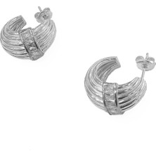 Yarım Ay Desenli Gümüş Küpe, Baget Taşlarla - Rodyum Renk