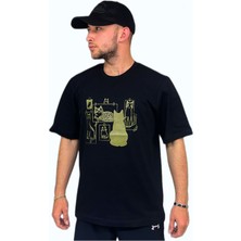 Unisex Siyah Pamuklu Kedi Baskılı Oversize T-Shirt