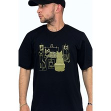 Unisex Siyah Pamuklu Kedi Baskılı Oversize T-Shirt