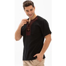 Kısa Kol Şile Bezi Bisiklet Yaka Etnik Erkek Yazlık T-shirt Siyah Syh